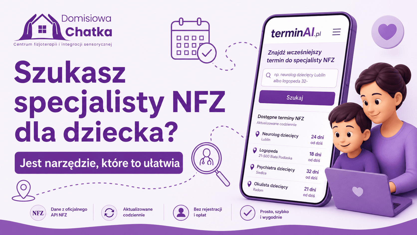 Mama z dzieckiem szuka terminu do specjalisty NFZ przez terminAI.pl — narzędzie pokazujące dostępne terminy w całej Polsce