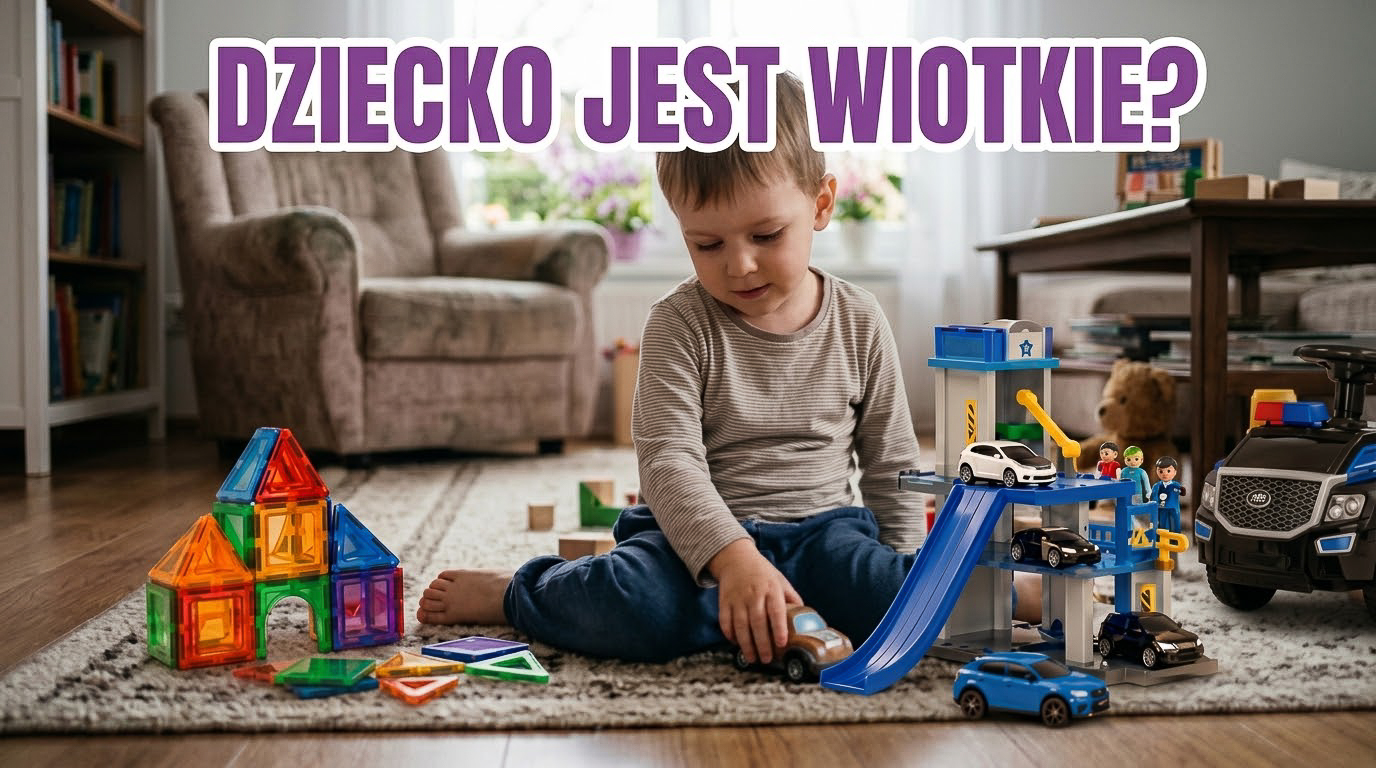 Ilustracja do artykułu o wiotkim napięciu mięśniowym u dziecka, z napisem "Dziecko jest wiotkie?"
