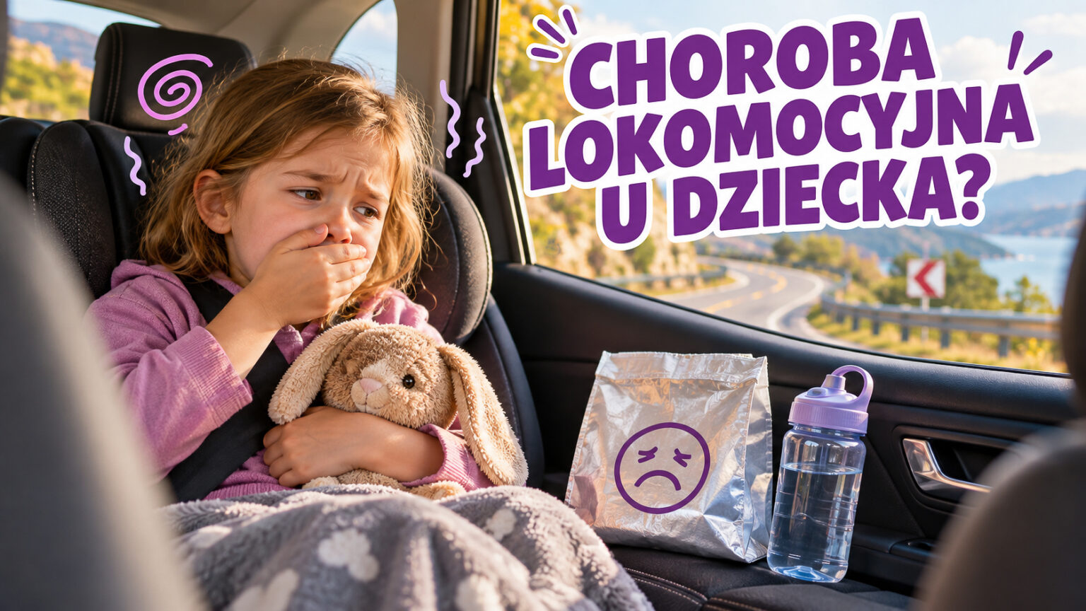 Widok z tylnego siedzenia samochodu podczas podróży, ilustrujący temat choroby lokomocyjnej u dziecka i roli układu przedsionkowego