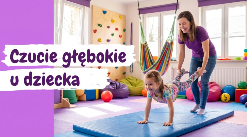 Czucie głębokie u dziecka: terapeutka i dziewczynka podczas ćwiczenia taczka na sali integracji sensorycznej