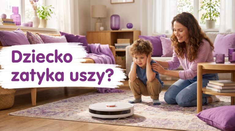 Dziecko zatyka uszy przy odkurzaczu, mama spokojnie je uspokaja