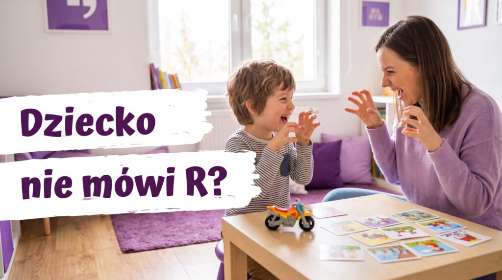 Reranie u dziecka: chłopiec warczy jak tygrys razem z logopedką podczas zabawy