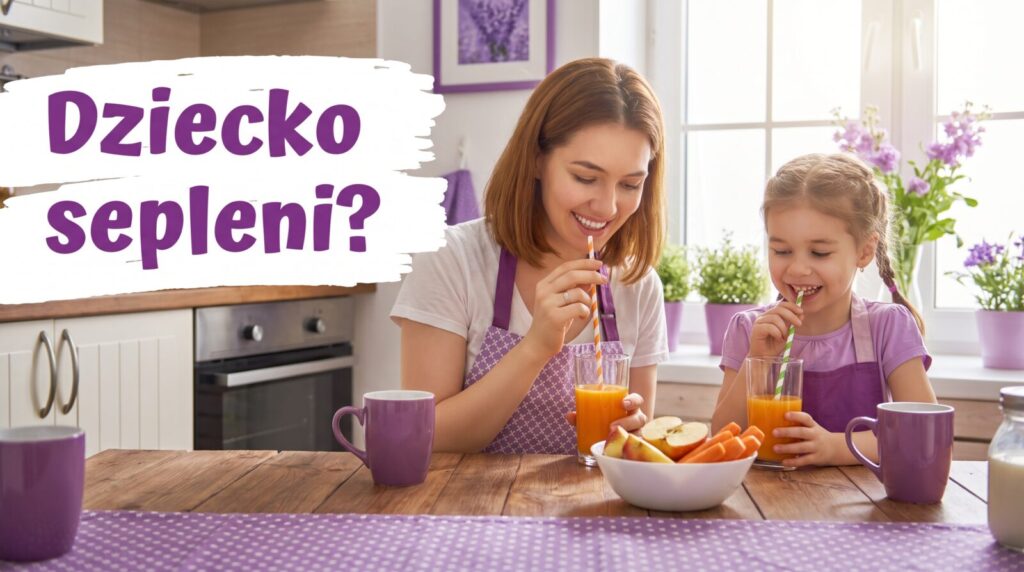 Seplenienie międzyzębowe: mama z córką piją sok przez słomki w kuchni