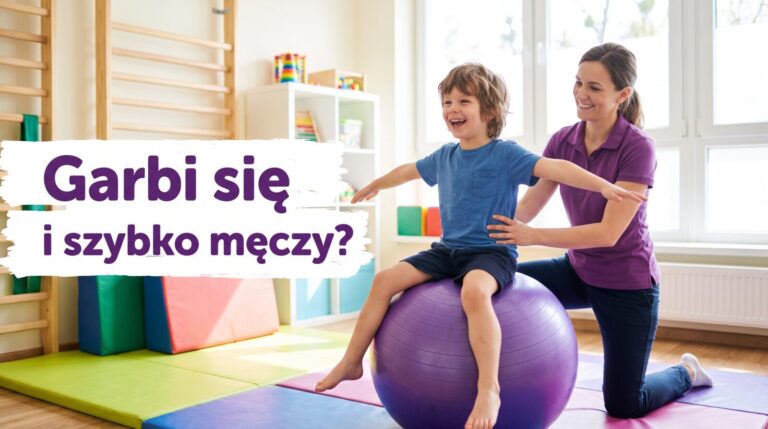 Stabilizacja centralna u dzieci: chłopiec ćwiczy równowagę na dużej piłce z fizjoterapeutką
