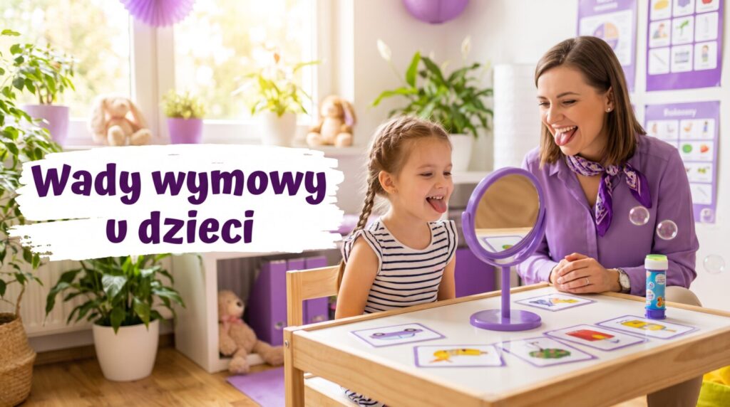 Wady wymowy u dzieci: logopedka ćwiczy z dziewczynką ruchy języka przed lusterkiem